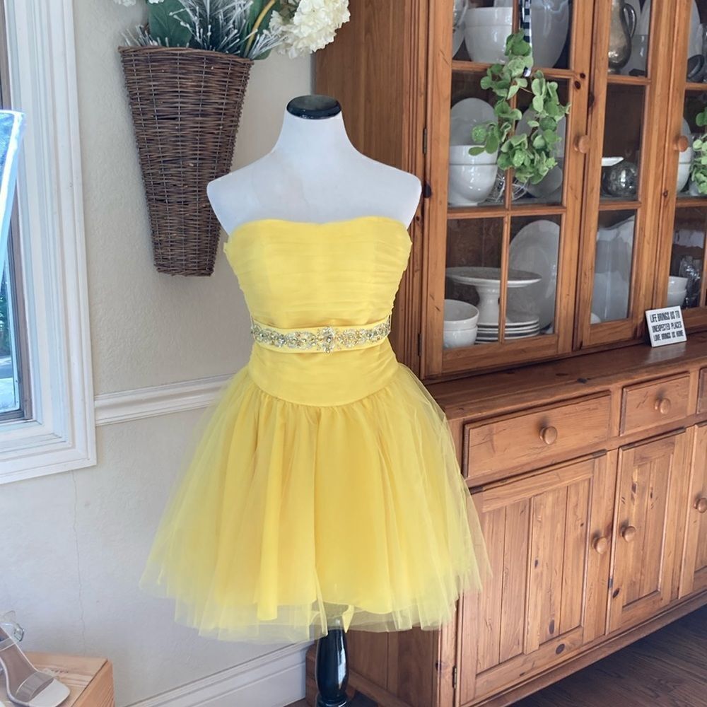 New Mori Lee By Madeline Gardner Yellow Tulle Mini Prom Party Dress Juniors Sz 5